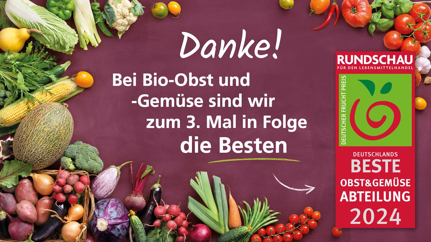 "Danke"-Schriftzug von Alnatura zur Auszeichnung mit dem Deutschen Fruchtpreis für Deutschlands beste Obst- und Gemüse-Abteilung 2024